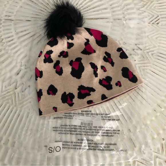 Chico's Berry Pink Leopard Print Beanie Hat Removable Faux Fur Pom Pom - Picture 4 of 10